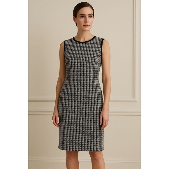 St. John Houndstooth Leather Trim Wool Shift Dress, size 12 - Picture 2 of 14
